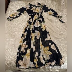 Alexa B Floral Lily Sheer Black White Metallic Gold Long Sleeve Maxi Dress